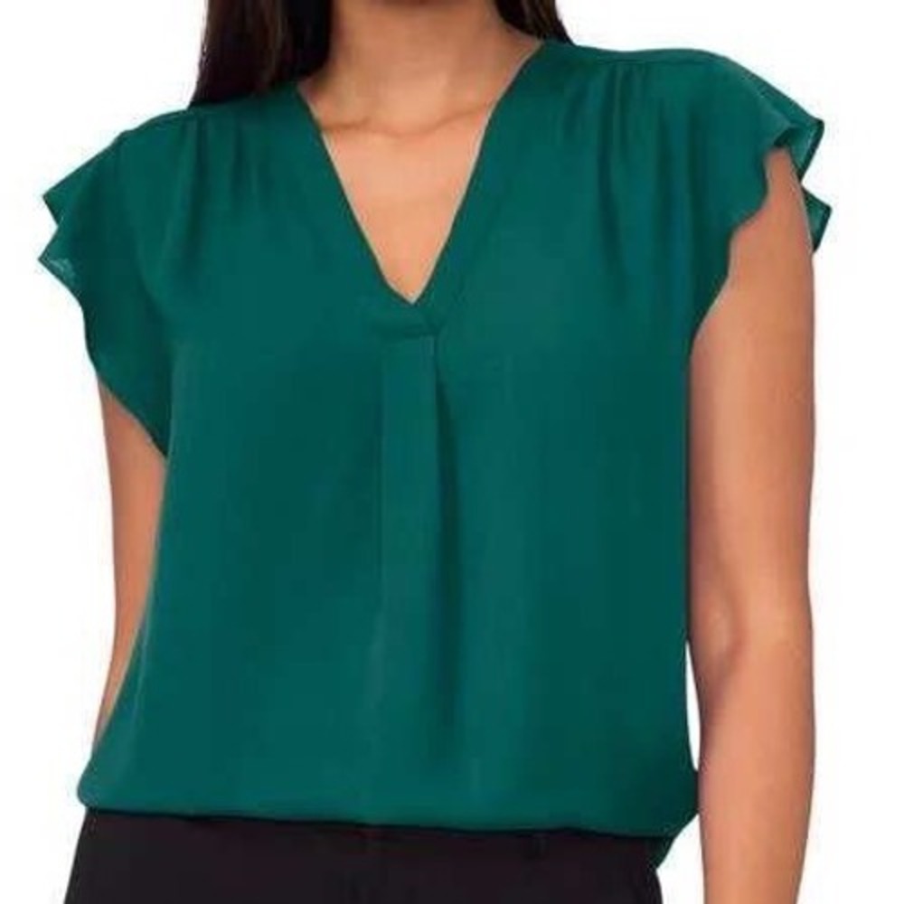 CHAUS New York Emerald Green V-Neck Flutter Sleeve Blouse Size Small